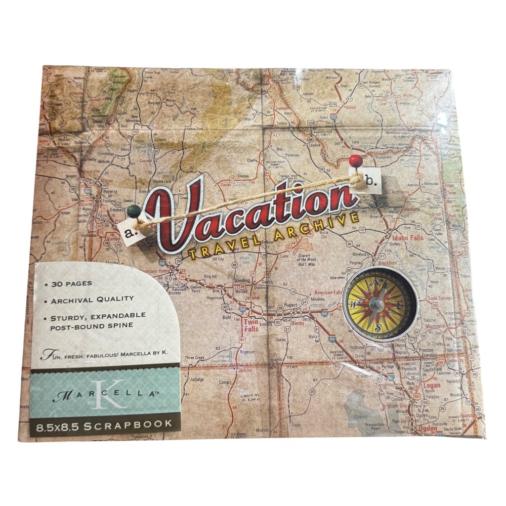 Marcella by K Vacation Travel Map Scrapbook 8.5x8.5 Road Trip Working Compass
